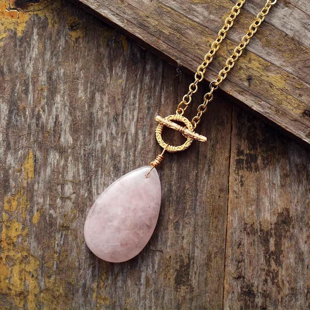 Golden Chain Necklace with Rose Quartz Stone