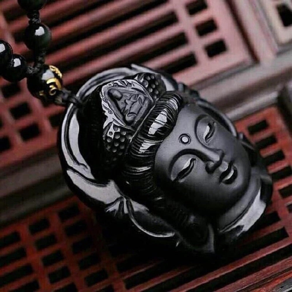 Black Buddha Obsidian Stone Necklace