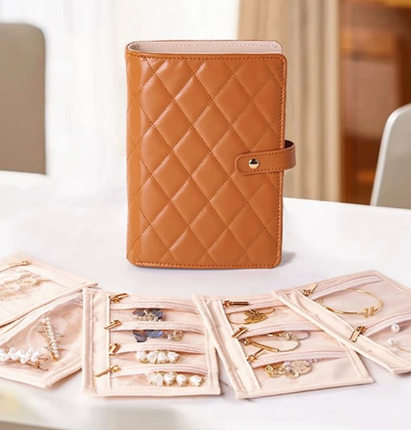 Jewelry Book Organizer - Leather Travel Jewelry Case with 5 Detachable Pages for Necklaces, Rings, Earrings, Tangle-Free, Giftable,Seashell Pink