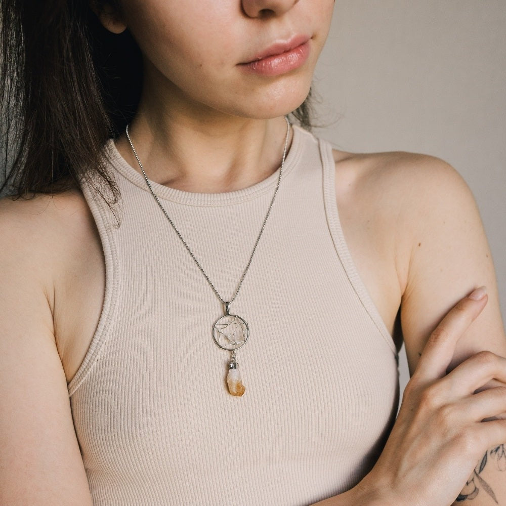 Raw Citrine Crystal Dream Catcher Necklace