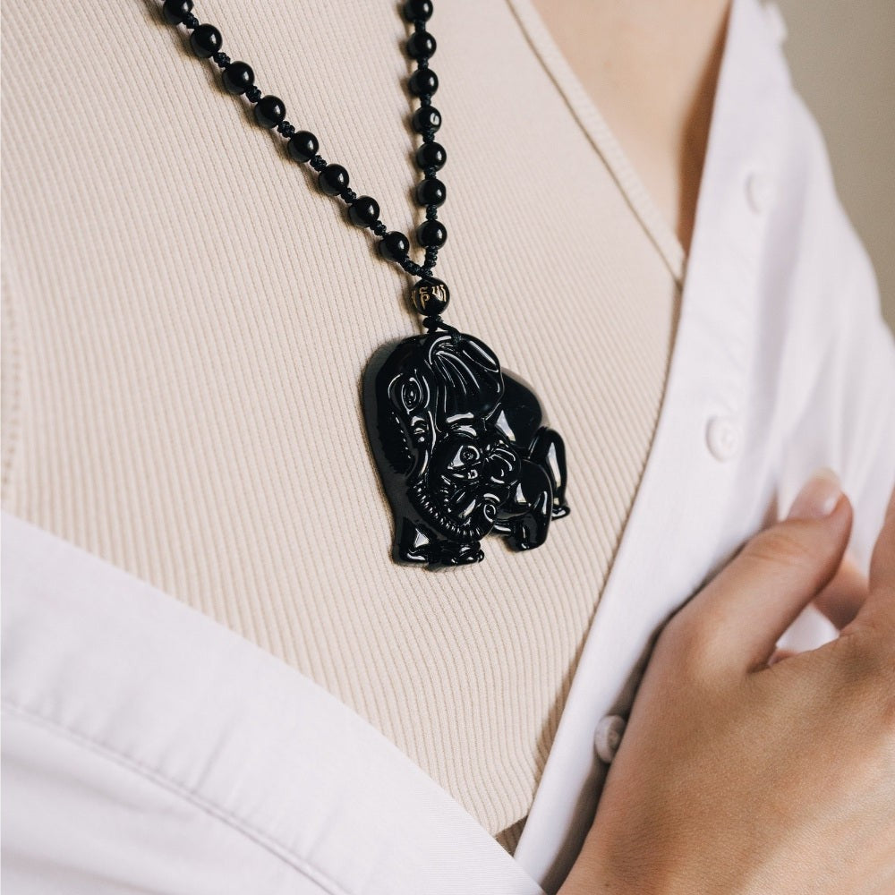 Elephant Charm Black Obsidian Crystal Necklace