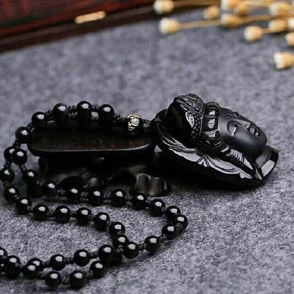Black Buddha Obsidian Stone Necklace