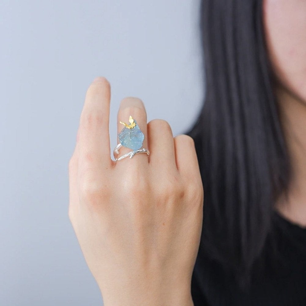 Butterfly Aquamarine Stone Ring