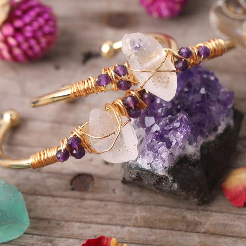 White Quartz Wire Wrap Golden Copper Bracelet