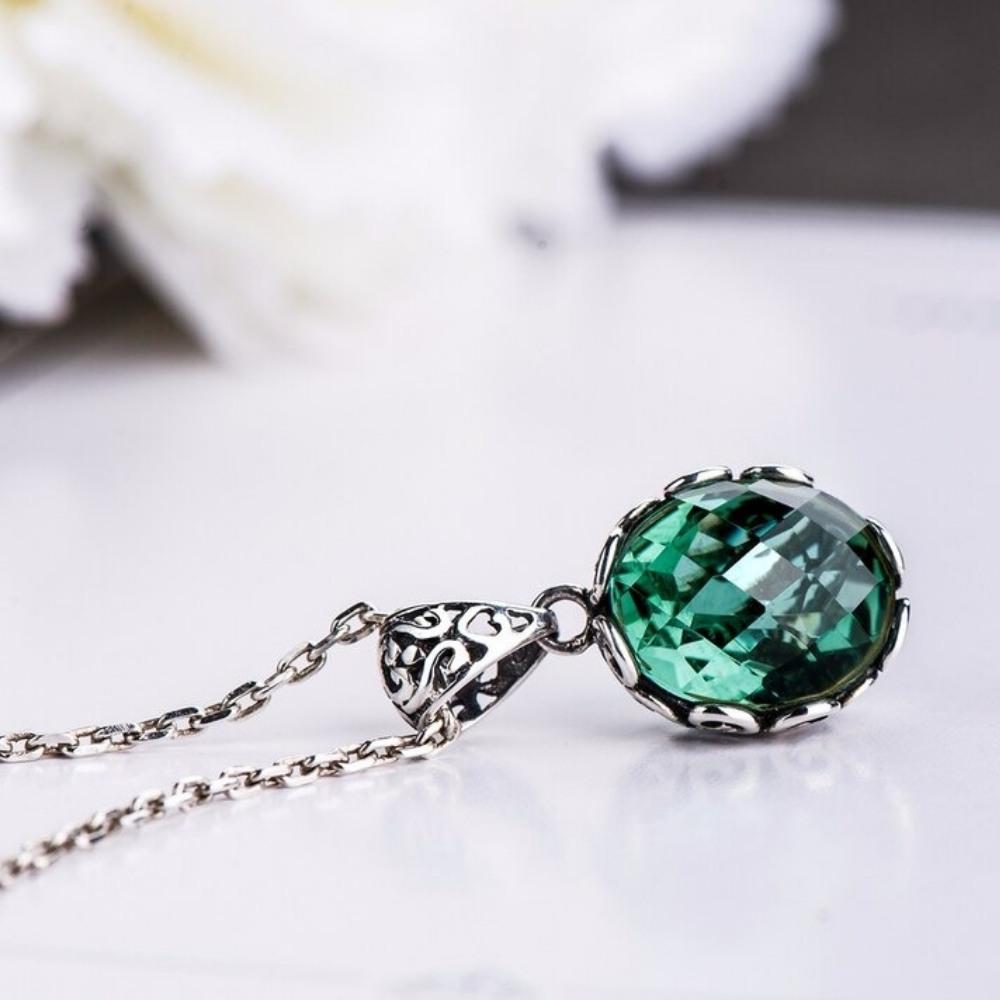 Emerald Green Necklace With Silver Sterling Chain