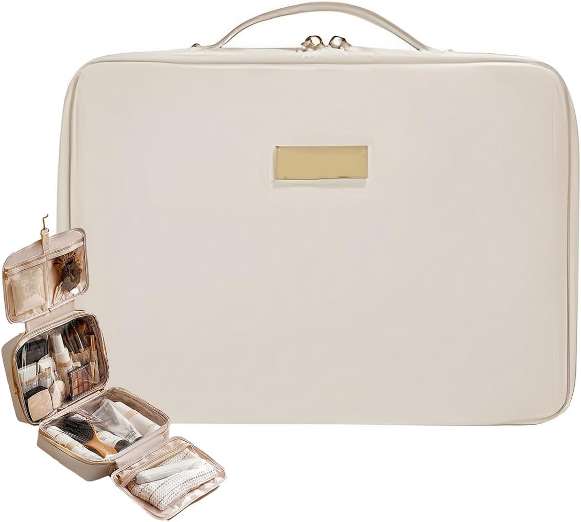 Portable Large Capacity Cosmetic Bag, Skincare Products, Makeup Brush Storage Bag, Double Layer Makeup Bag (White)
