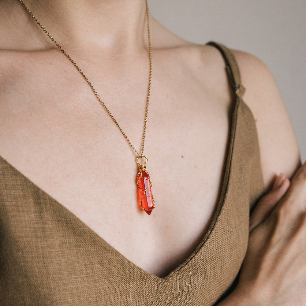 Wire Wrapped Red Carnelian Crystal Necklace