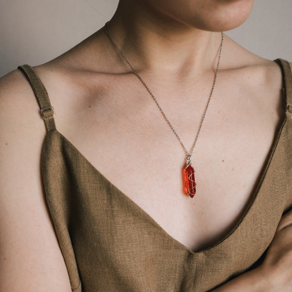 Wire Wrapped Red Carnelian Crystal Necklace