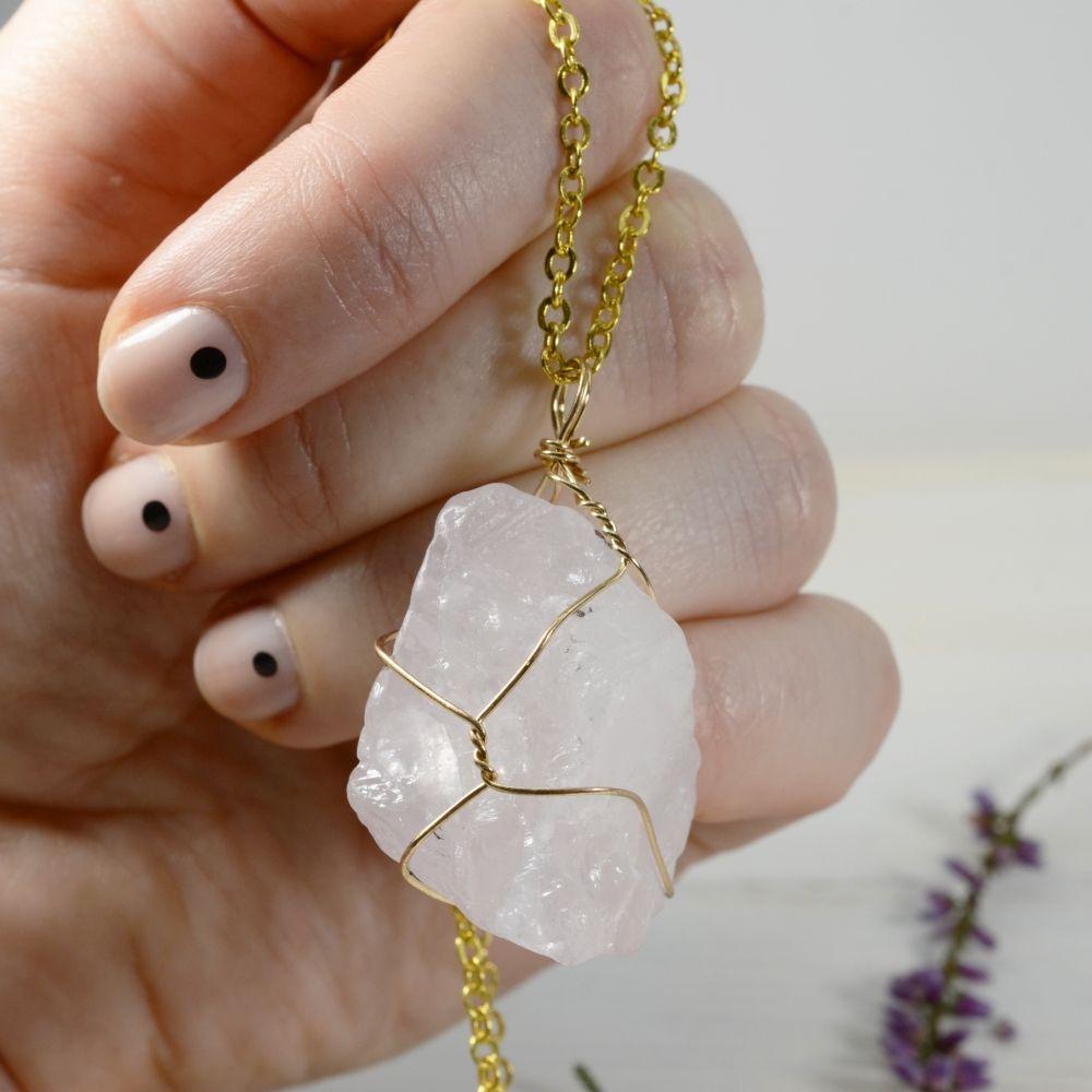Raw Rose Quartz Golden Wire Necklace