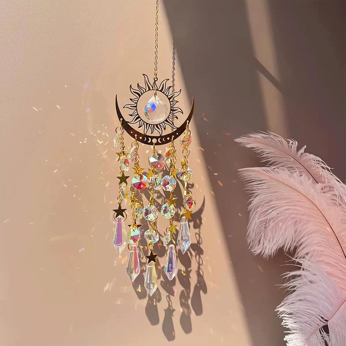 Crystal Sun & Moon Suncatcher – Rainbow Window Hanging Decor