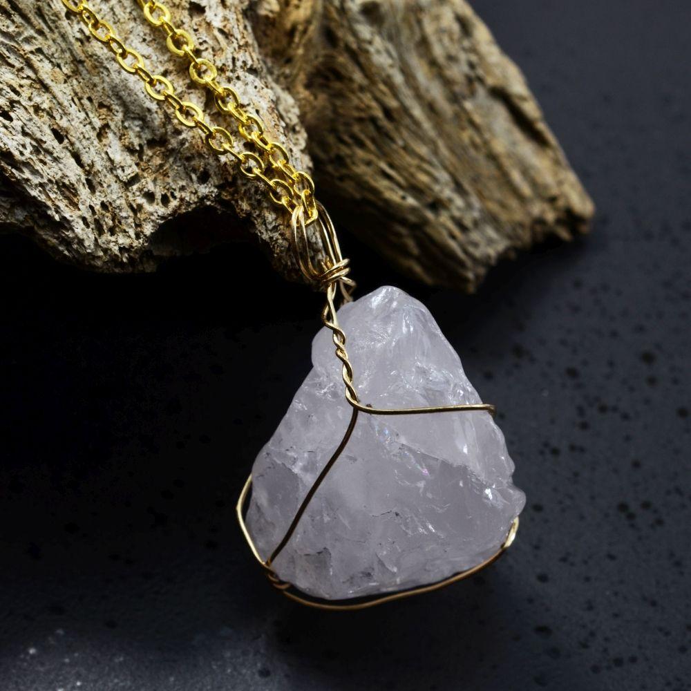 Raw Rose Quartz Golden Wire Necklace