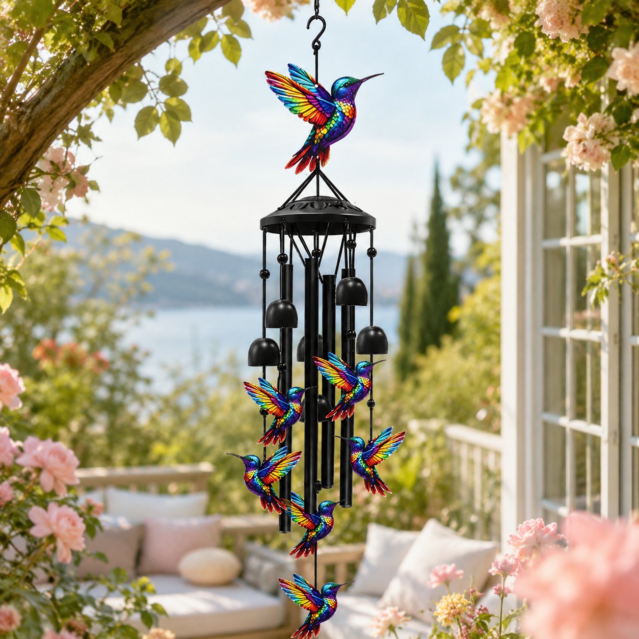 Hummingbird Wind Chimes for Outdoor Garden Decor Colorful Aluminum Tubes Hanging