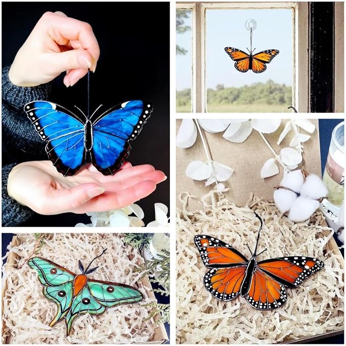 Peleides blue morpho butterfly suncatcher, stained glass window hangings, unique Mother's Day gift, gift for mom, handmade home decor