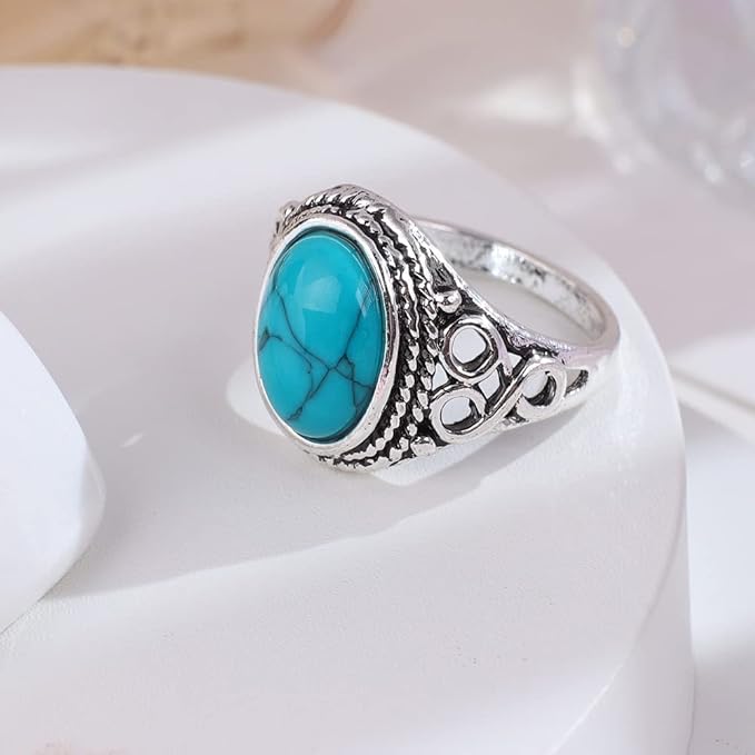 Vintage Women's 925 Sterling Silver Ring Oval Cut Natural Bohemia Turquoise Jewelry Turquoise Moonstone Ring Wedding Jewelry Size 6-10 (US code 8)