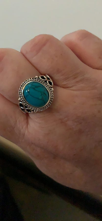 Vintage Women's 925 Sterling Silver Ring Oval Cut Natural Bohemia Turquoise Jewelry Turquoise Moonstone Ring Wedding Jewelry Size 6-10 (US code 8)