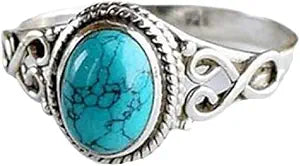 Vintage Women's 925 Sterling Silver Ring Oval Cut Natural Bohemia Turquoise Jewelry Turquoise Moonstone Ring Wedding Jewelry Size 6-10 (US code 8)