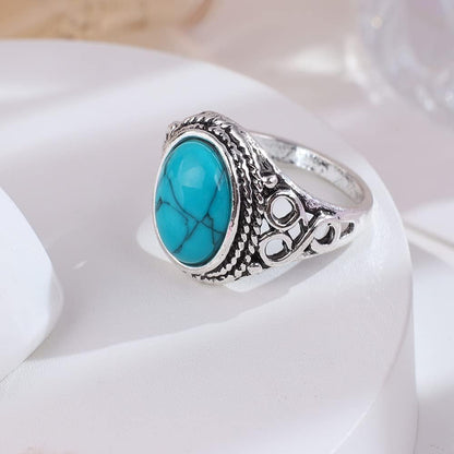Vintage Women's 925 Sterling Silver Ring Oval Cut Natural Bohemia Turquoise Jewelry Turquoise Moonstone Ring Wedding Jewelry Size 6-10 (US code 8)