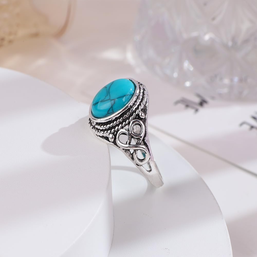 Vintage Women's 925 Sterling Silver Ring Oval Cut Natural Bohemia Turquoise Jewelry Turquoise Moonstone Ring Wedding Jewelry Size 6-10 (US code 8)