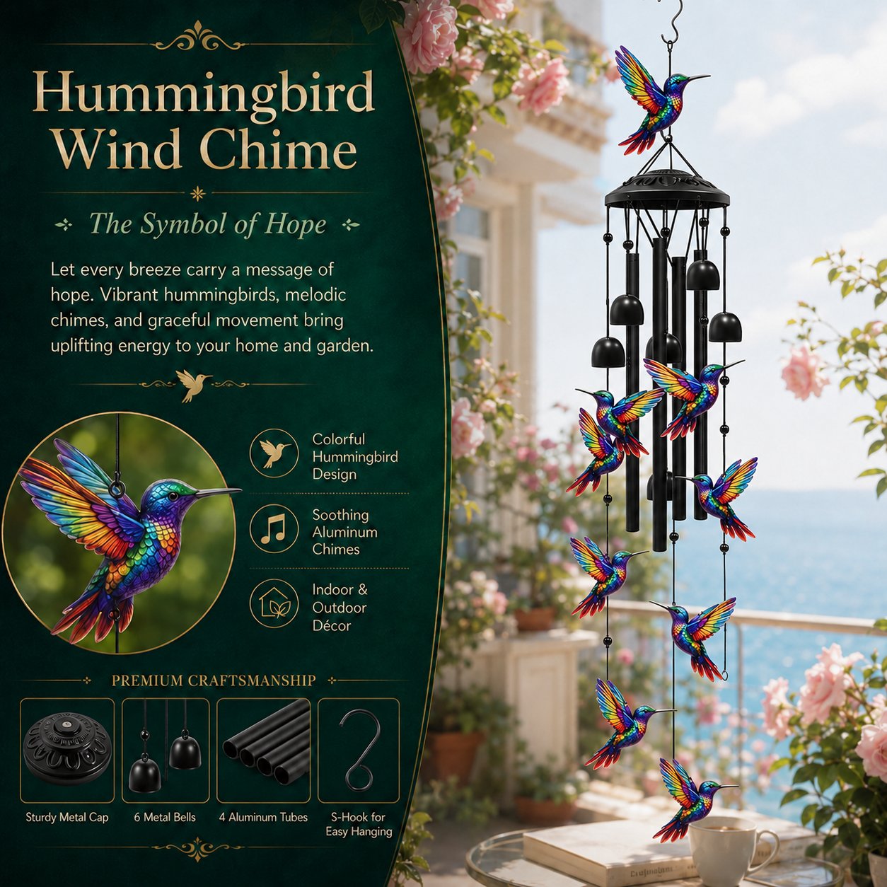Hummingbird Wind Chimes for Outdoor Garden Decor Colorful Aluminum Tubes Hanging