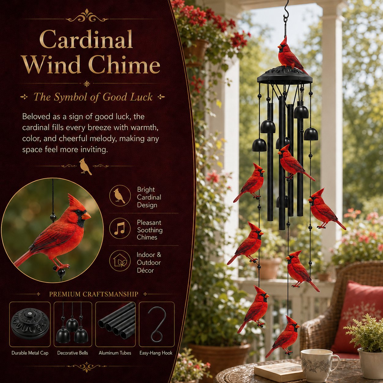 Hummingbird Wind Chimes for Outdoor Garden Decor Colorful Aluminum Tubes Hanging