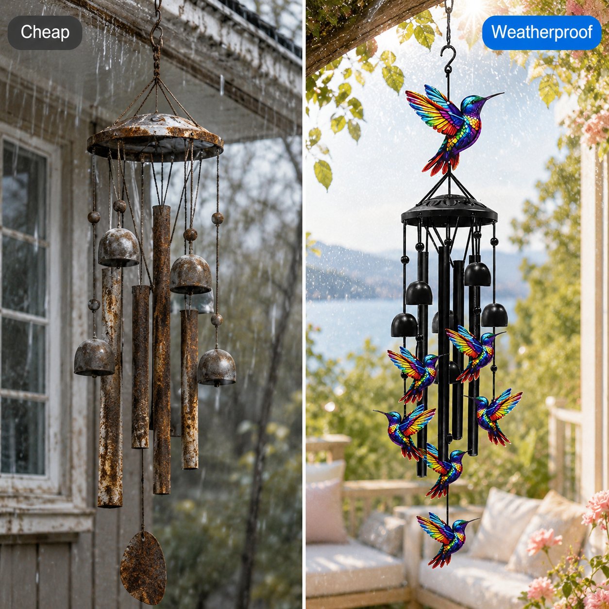 Hummingbird Wind Chimes for Outdoor Garden Decor Colorful Aluminum Tubes Hanging