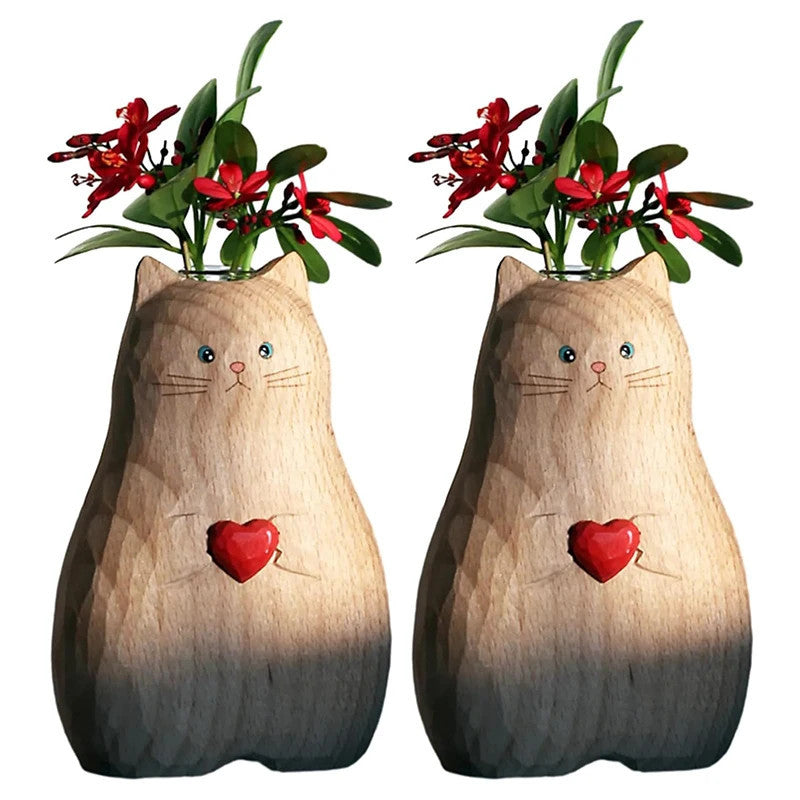 Handmade Wooden Creative Love Cat Vase