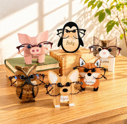 Personalized Engraved Animal Design Eyeglasses Holder with Name, Wooden Spectacle Stand, Cute Desk Decoration, Birthday Gift for Animal Lovers