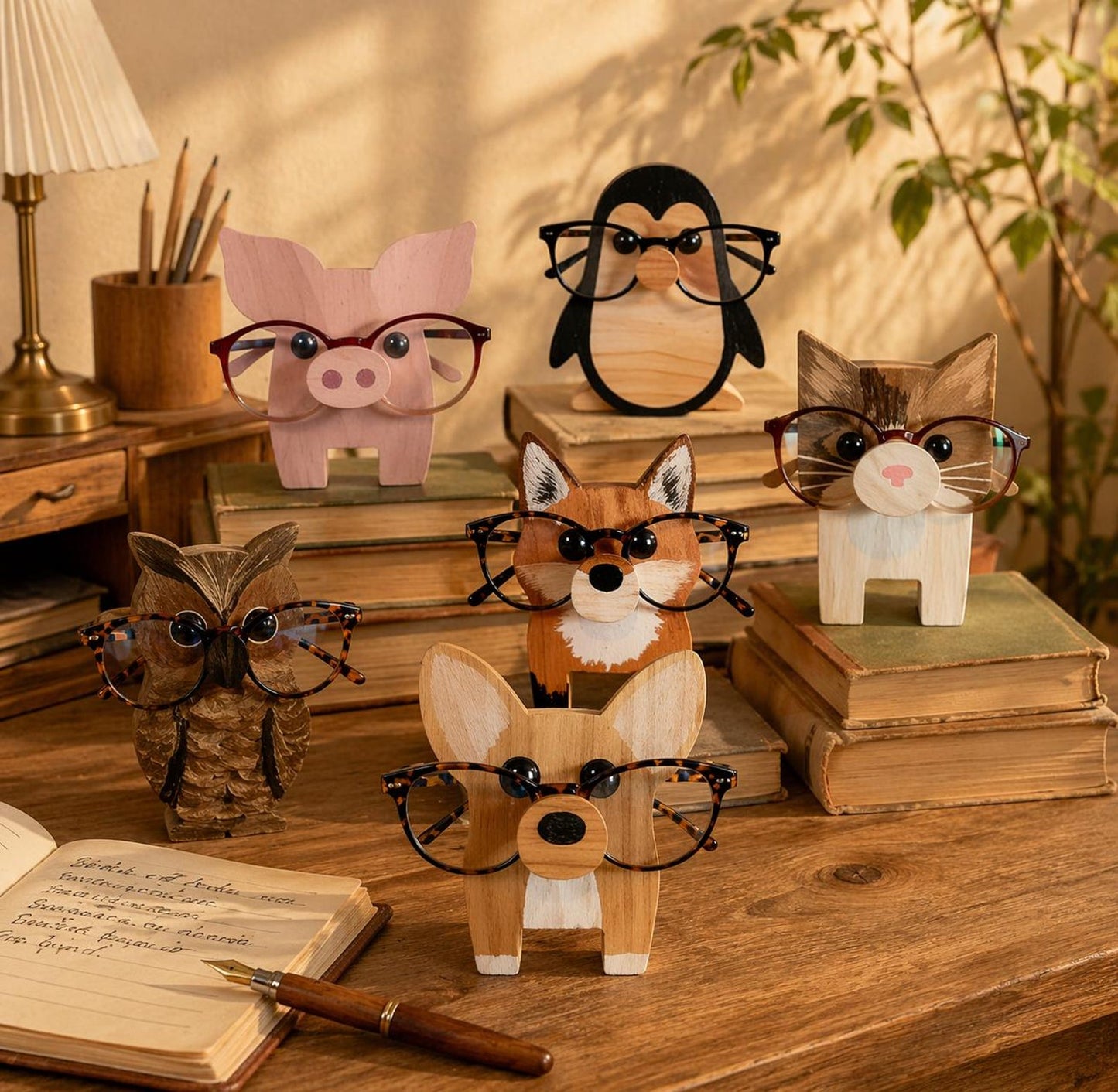 Personalized Engraved Animal Design Eyeglasses Holder with Name, Wooden Spectacle Stand, Cute Desk Decoration, Birthday Gift for Animal Lovers