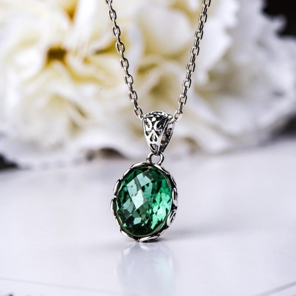 Emerald Green Necklace With Silver Sterling Chain