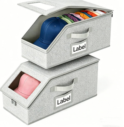 2 Pack Baseball Hat Storage Box,Hats Organizer for Baseball Caps,16.1''L x 8.6''W x 6.7''H Baseball Cap Boxes with Clear Window & Cardboard,Holds Up to 24 Caps for Women & Men,Grey