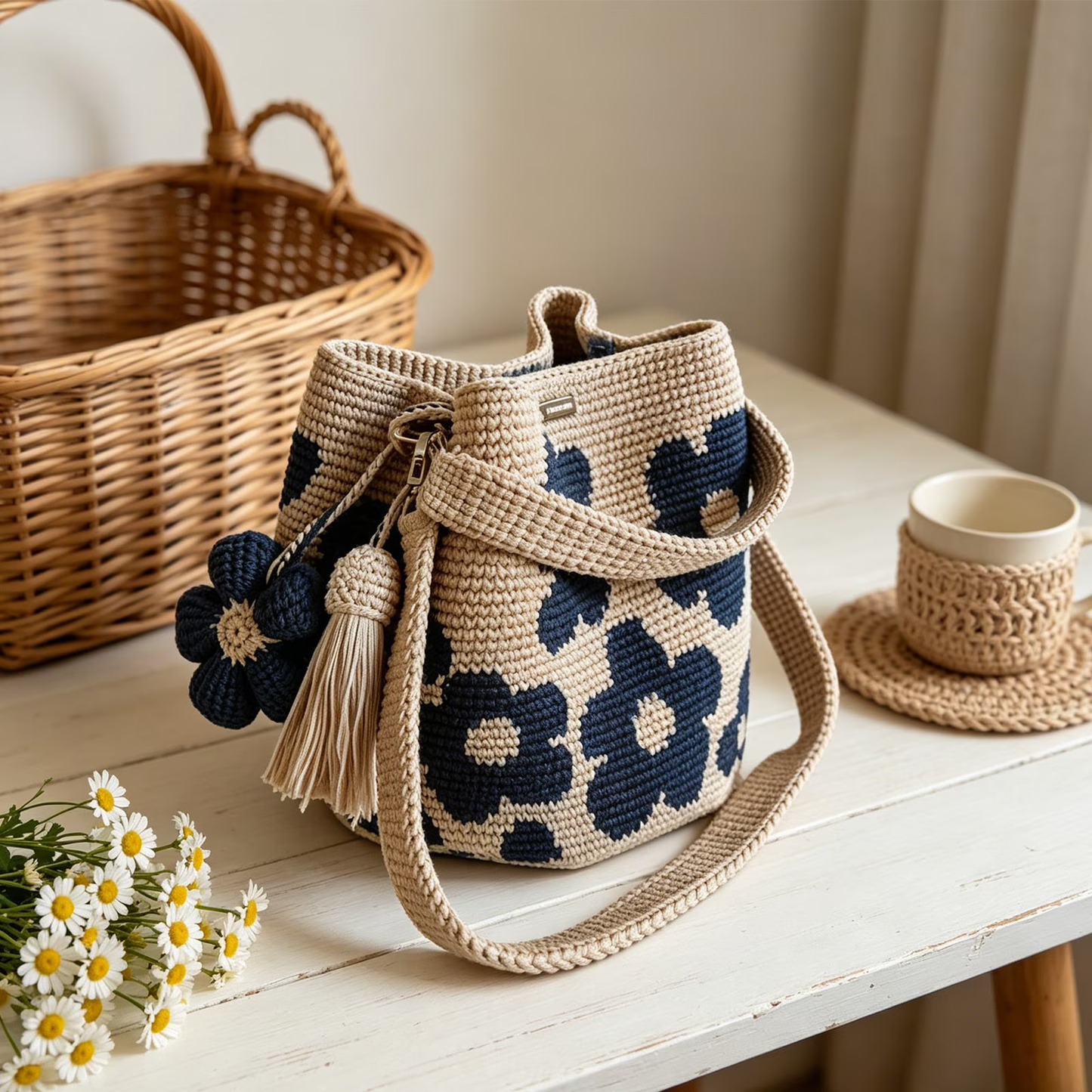 Handmade Woven Handbags with Flower Charm, Crochet Bucket Bag for Women, Casual Knit Shoulder Purse for Daily Use, Travel, Beach