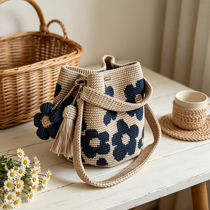 Handmade Woven Handbags with Flower Charm, Crochet Bucket Bag for Women, Casual Knit Shoulder Purse for Daily Use, Travel, Beach