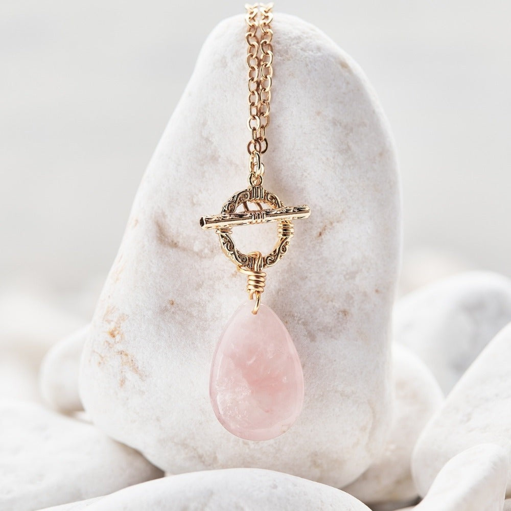 Golden Chain Necklace with Rose Quartz Stone