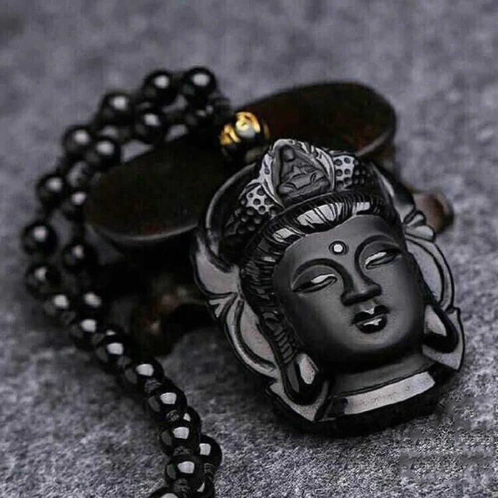 Black Buddha Obsidian Stone Necklace