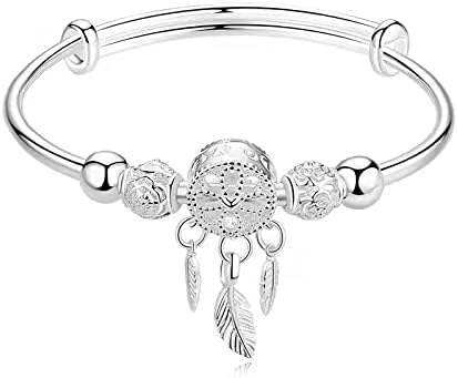 Silver Dream Catcher Tassel Feather Charm Bracelet Bangle Adjustable Mother's Day Jewelry Gift Birthday Christmas Gifts for Women Mom Wife