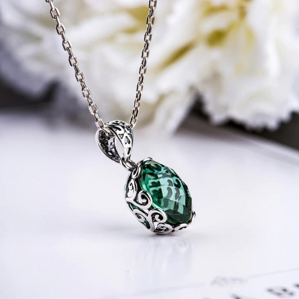 Emerald Green Necklace With Silver Sterling Chain