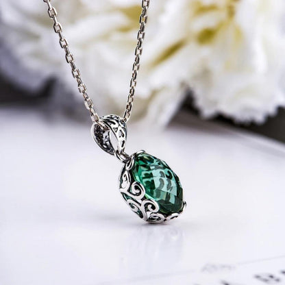 Emerald Green Necklace With Silver Sterling Chain