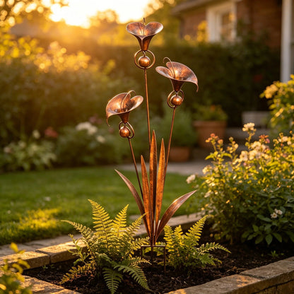 🏡Flamed Copper Three Calla Lilies Garden Stake with Bells