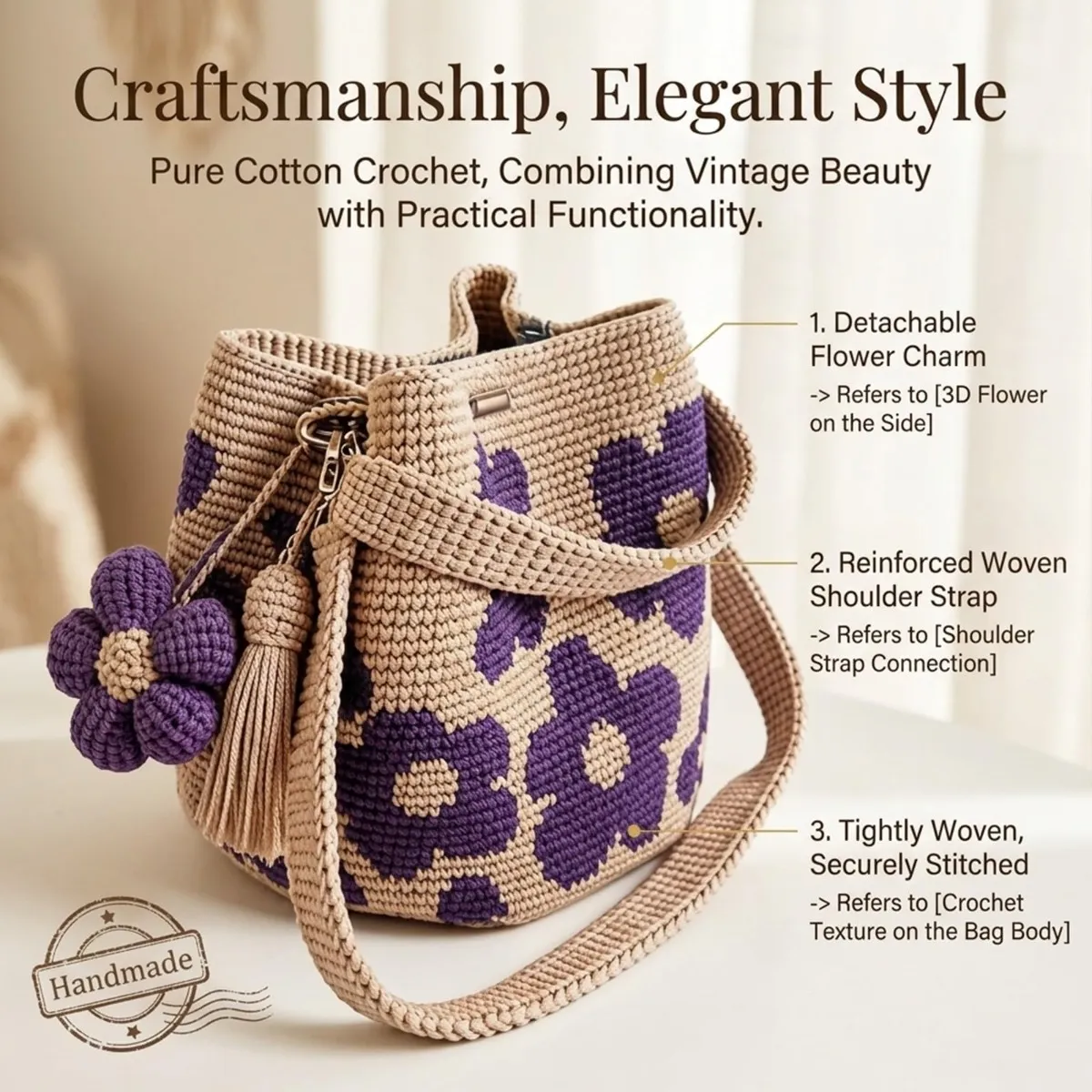Handmade Woven Handbags with Flower Charm, Crochet Bucket Bag for Women, Casual Knit Shoulder Purse for Daily Use, Travel, Beach