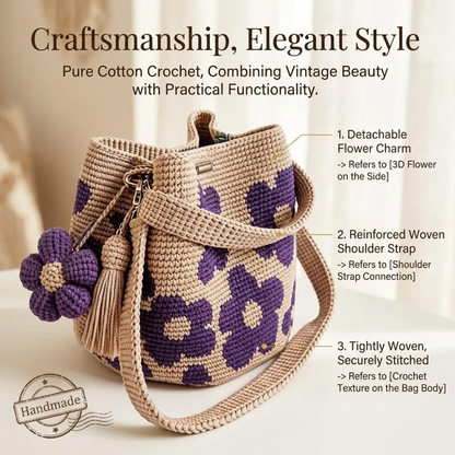 Handmade Woven Handbags with Flower Charm, Crochet Bucket Bag for Women, Casual Knit Shoulder Purse for Daily Use, Travel, Beach