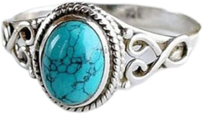 Vintage Women's 925 Sterling Silver Ring Oval Cut Natural Bohemia Turquoise Jewelry Turquoise Moonstone Ring Wedding Jewelry Size 6-10 (US code 8)