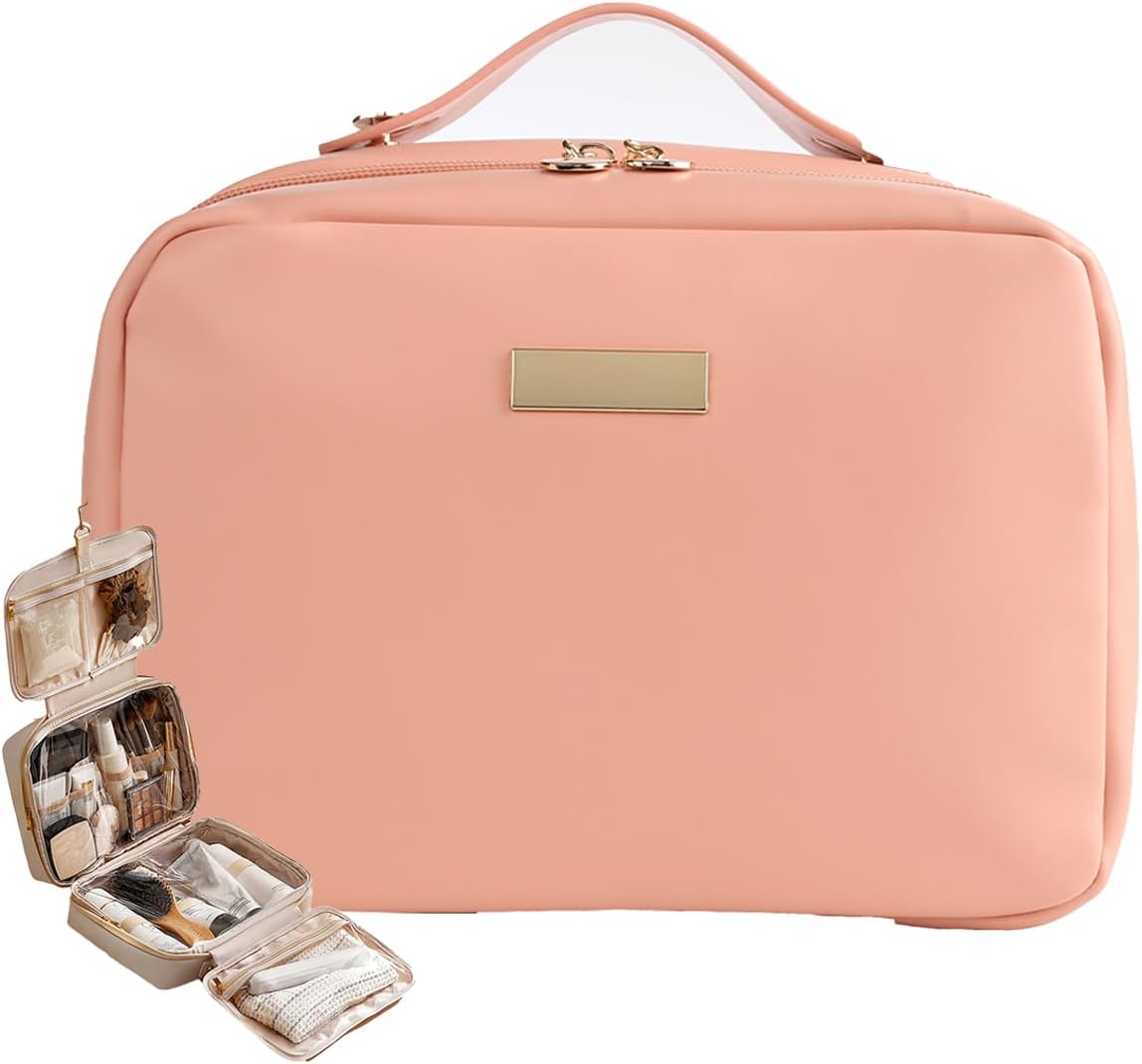 Portable Large Capacity Cosmetic Bag, Skincare Products, Makeup Brush Storage Bag, Double Layer Makeup Bag (White)