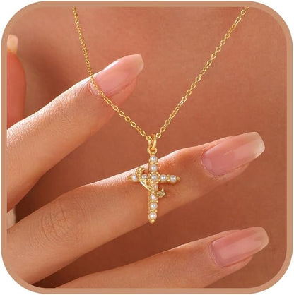 925 Sterling Silver Cross with Crown Necklace for Women Crucifix Jesus Christian Necklace Dainty 14K Gold Plated Cubic Zirconia Necklace Religious Faith Jewelry Birthday Christian Graduation Gifts