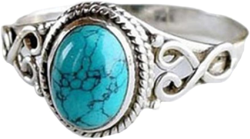 Vintage Women's 925 Sterling Silver Ring Oval Cut Natural Bohemia Turquoise Jewelry Turquoise Moonstone Ring Wedding Jewelry Size 6-10 (US code 8)