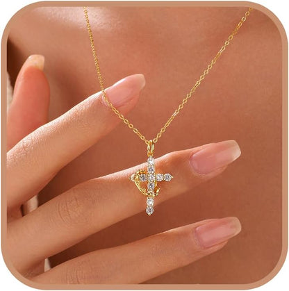 925 Sterling Silver Cross with Crown Necklace for Women Crucifix Jesus Christian Necklace Dainty 14K Gold Plated Cubic Zirconia Necklace Religious Faith Jewelry Birthday Christian Graduation Gifts