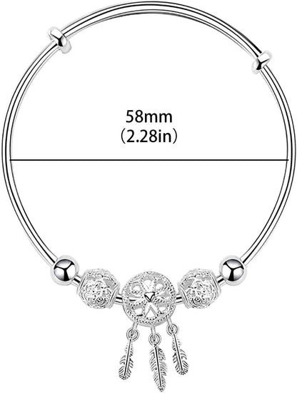 Silver Dream Catcher Tassel Feather Charm Bracelet Bangle Adjustable Mother's Day Jewelry Gift Birthday Christmas Gifts for Women Mom Wife