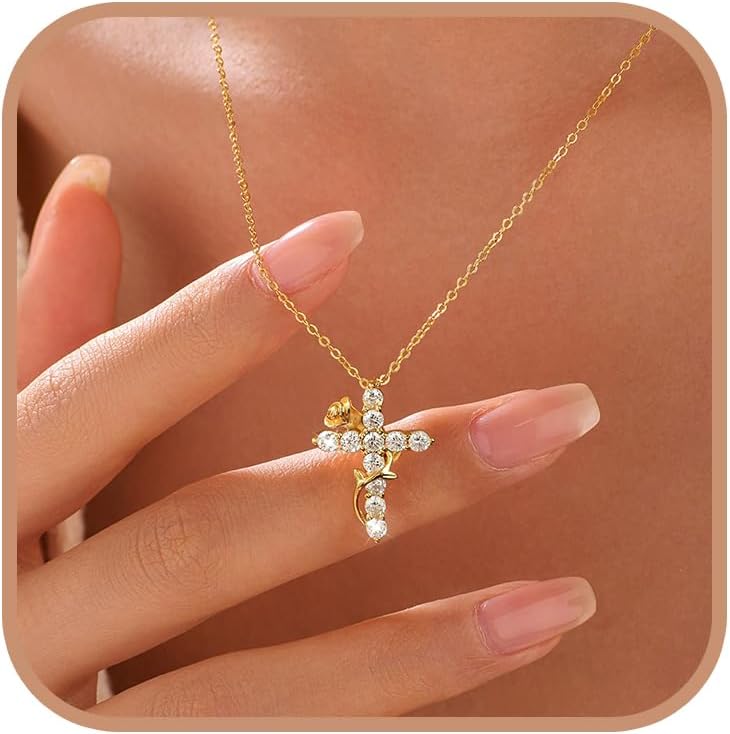 925 Sterling Silver Cross with Crown Necklace for Women Crucifix Jesus Christian Necklace Dainty 14K Gold Plated Cubic Zirconia Necklace Religious Faith Jewelry Birthday Christian Graduation Gifts