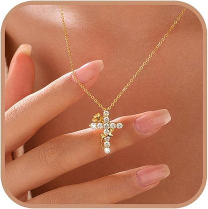 925 Sterling Silver Cross with Crown Necklace for Women Crucifix Jesus Christian Necklace Dainty 14K Gold Plated Cubic Zirconia Necklace Religious Faith Jewelry Birthday Christian Graduation Gifts