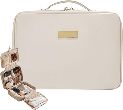 Portable Large Capacity Cosmetic Bag, Skincare Products, Makeup Brush Storage Bag, Double Layer Makeup Bag (White)