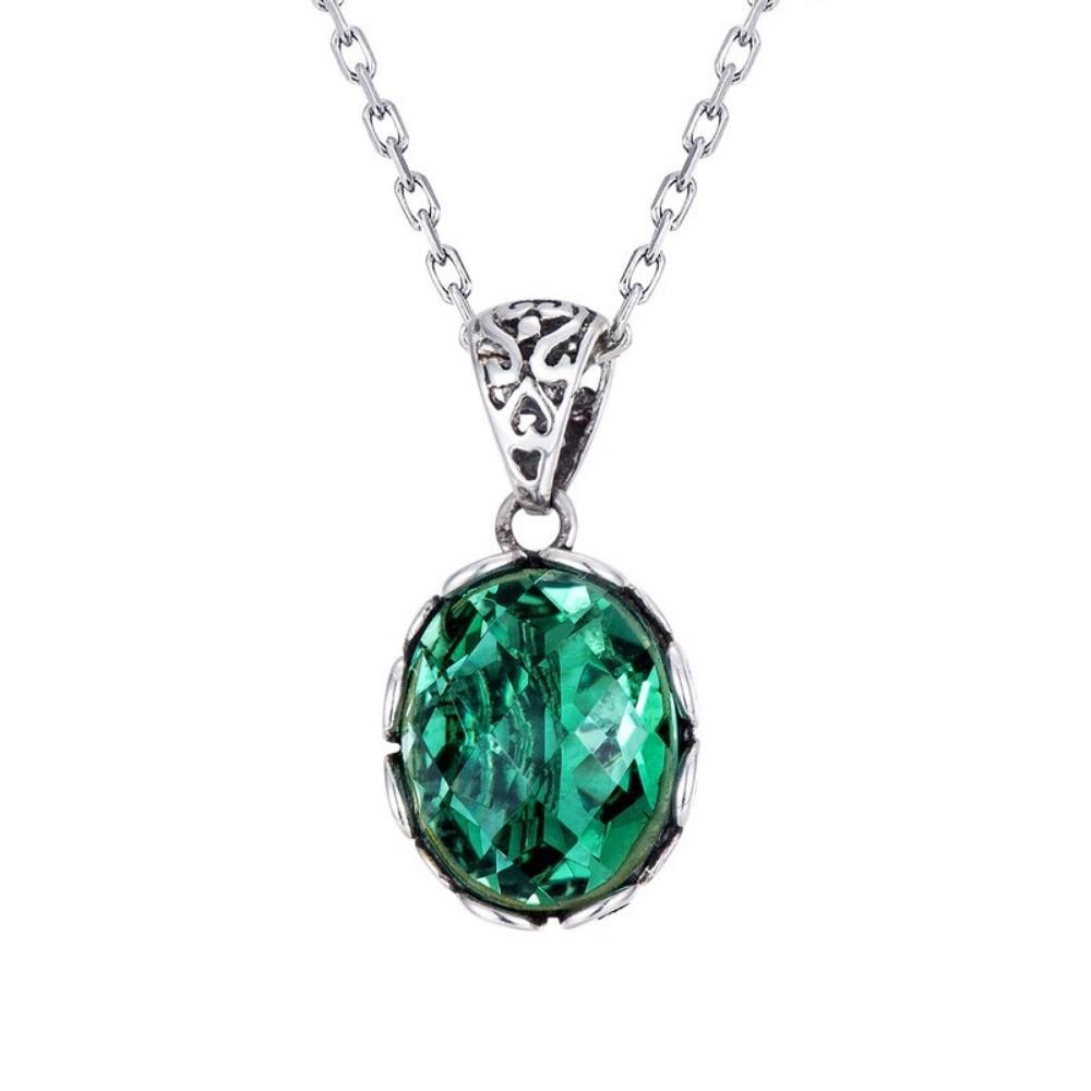 Emerald Green Necklace With Silver Sterling Chain